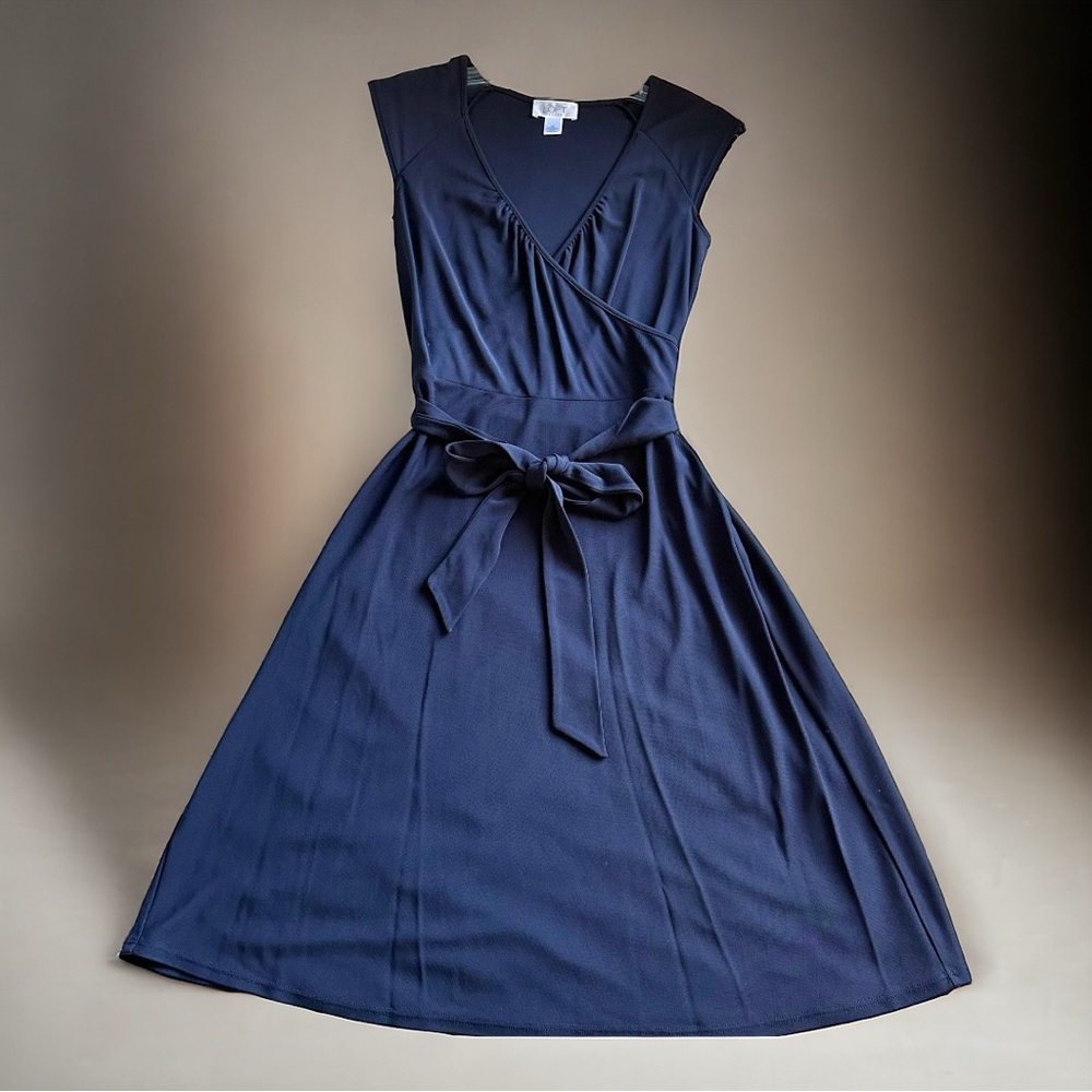 LOFT Timeless Faux Wrap Navy Blue Dress w/Belt & Side Zip- 4 Petite